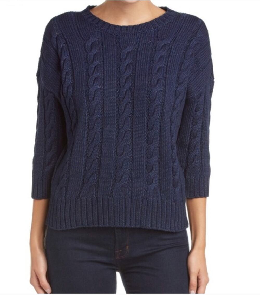Three Dots Cable Knit Cotton Short Sleeve Sweater in Navy Blue Size Small
